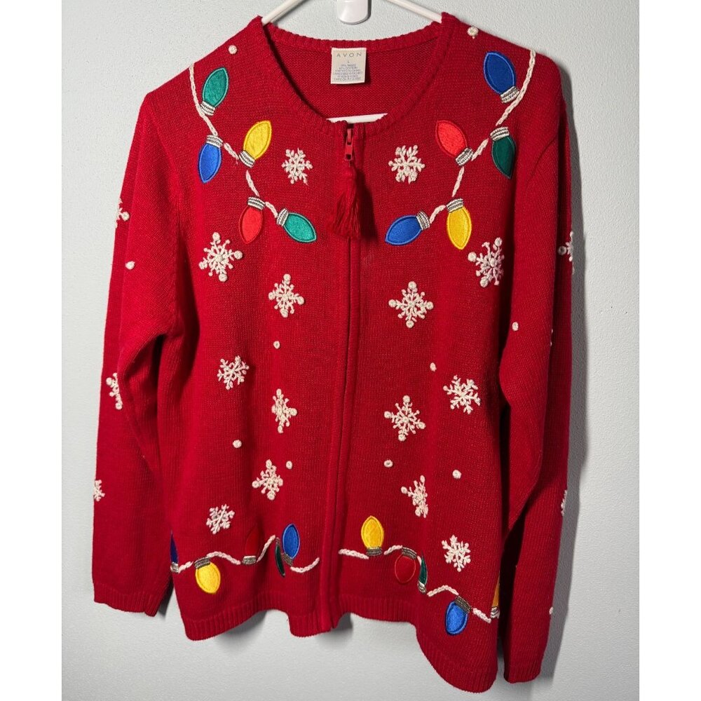 VTG Avon Red Ugly Christmas Sweater Zip Up Cardigan Womens Large Embroidered